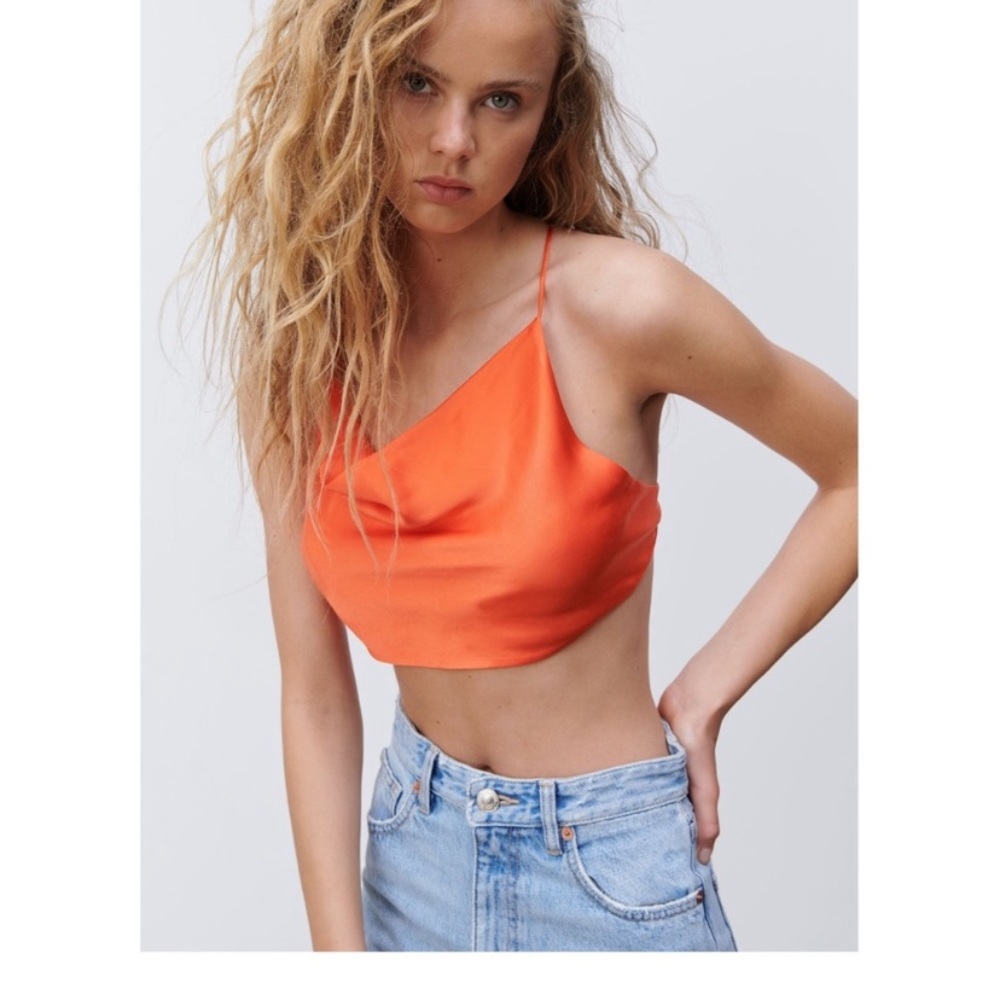 zara orange satin effect top NWT. Size S
